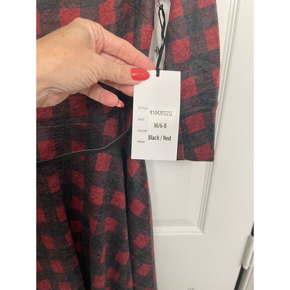 Unique Vintage NWT Burgundy & Black buffalo plaid knit Devon swing Dress Med 6-8 - Picture 5 of 5